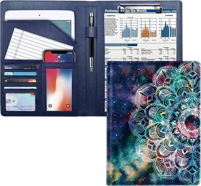 Business Portfolio Folder for Men Women, Padfolio Cover, Conference/Resume/Legal Document Organizer with Letter/A4 Size Clipboard Hardboard, Business Card Holders, Document Sleeve, Mandala