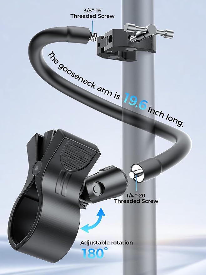 19.6" Steel Core Flexible Gooseneck Microphone Stand with 1/4" to 3/8" Adapter, Mic Clip & Super Crab Clamp, Desk/Pole Mount Compatible with Shure, Fifine, AT2020, Pyle, Razer, Blue Snowball