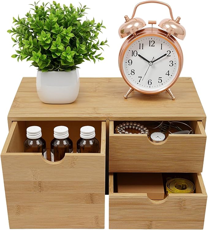 Desk Organizer, Office Vanity Bamboo Desk Organizer, Mini Bamboo Desk Drawer Tabletop Storage Box with 3 Drawer Night Stand Table Organizer for Makeup Vanity Office Supplies (3 Drawer, 1 Left+2 Right)