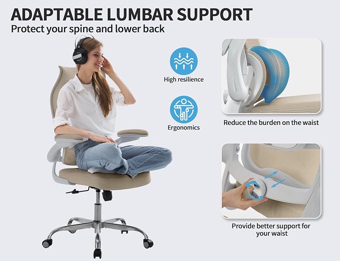 TRALT Ergonomic Office Chair- Desk Chair with Adjustable Lumbar Support | Big and Tall Back Ergonomic Desk Chair - Home Office Mesh Chairs and PU Leather Seat for Home Reading to Adults(Beige)