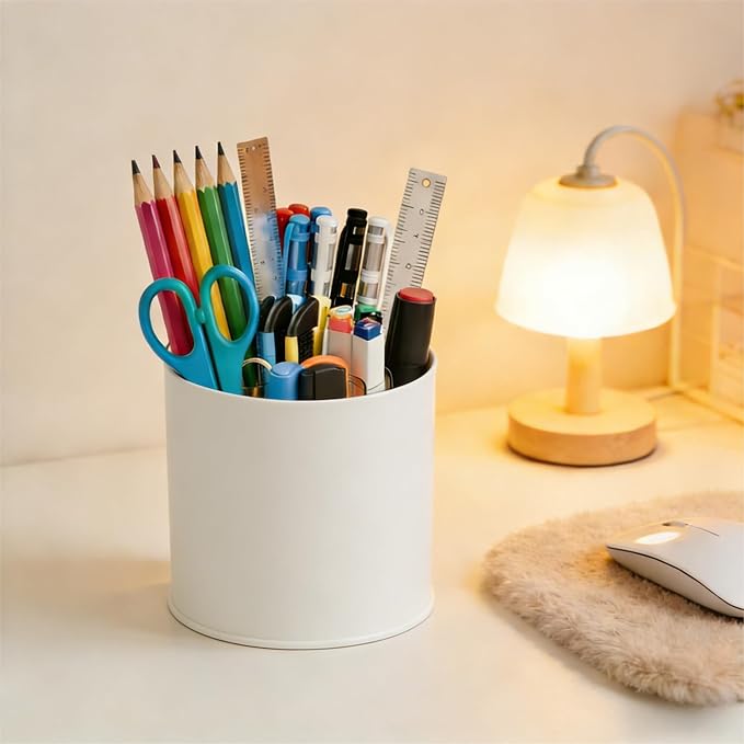 360 Rotating Acrylic White Pen Holders and Pencil Cups for Desk,Small Cute Desk Organizers Accessories and Makeup Brush Holder,Spinning Pencil Caddy School Supplies Organizer for Teacher,1PCS
