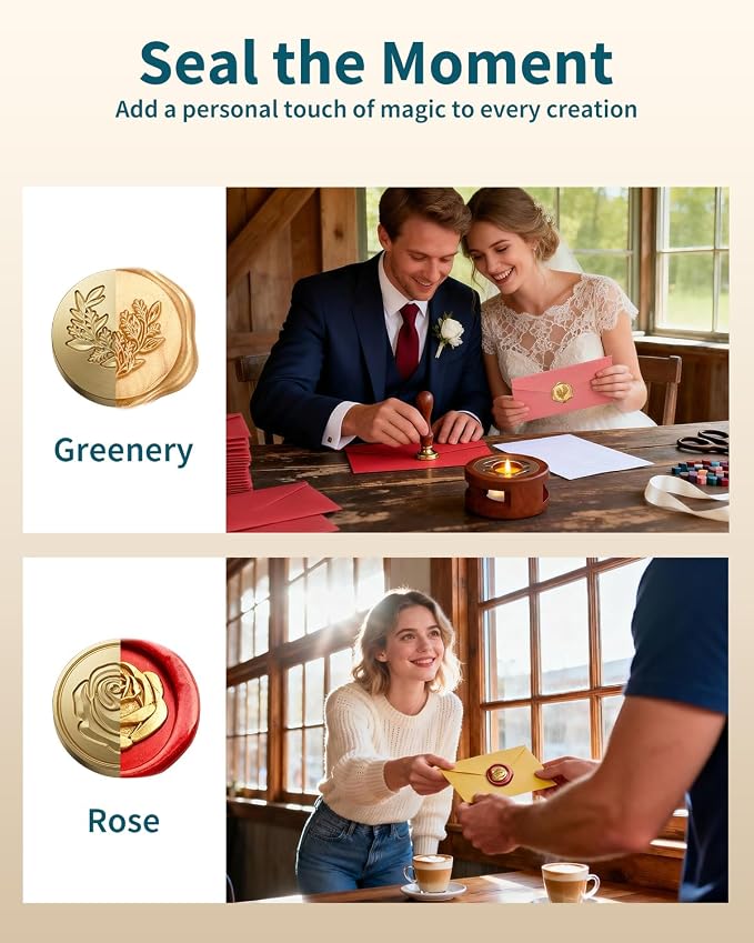 SHOWPIN Wax Seal Kit for Beginners: 400 Wax Beads in 20 Colors, 2 Stamp Heads & Premium Envelopes in Gift Box for Holiday Gifting & DIY Letter Sealing
