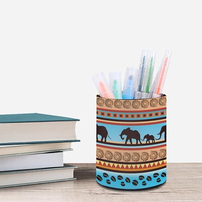 Tribal Ethnic Elephant Pen Holder for Desk PU Pencil Cup Organizer | Round Desks Makeup Brush Holder for School Multifunctional Office Supplies
