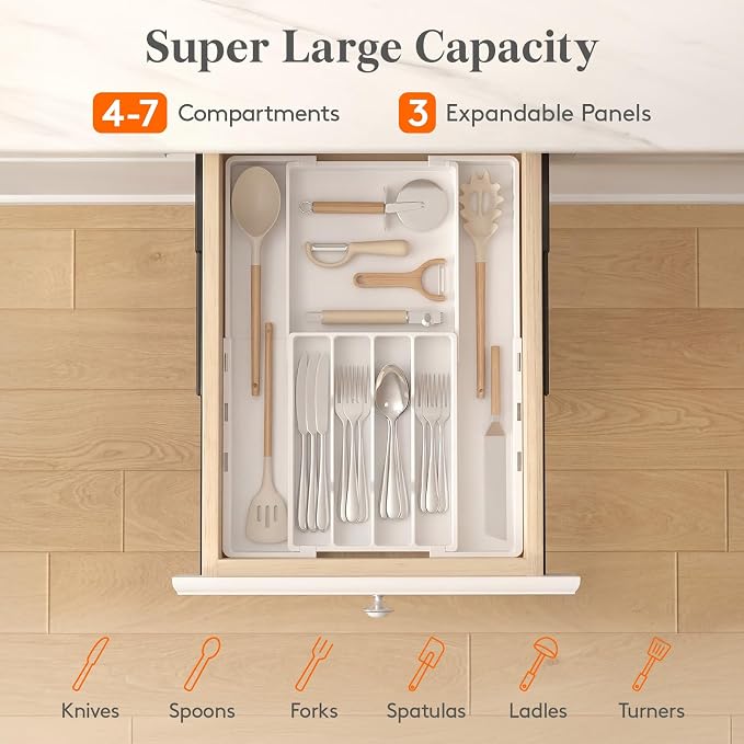 Lifewit Silverware Drawer Organizer, Expandable Utensil Tray for Kitchen, BPA Free Flatware and Cutlery Holder, Adjustable Plastic Storage for Spoons Forks Knives, 4-7 Slots, White