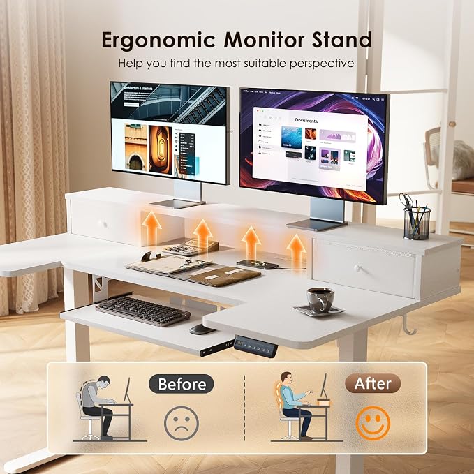 OffiGo U Shaped Electric Standing Desk with Drawers, 55 Inch Height Adjustable Desk with Keyboard Tray ＆ Ergonomic Monitor Stand, Sit Stand Table with Power Outlets for Home, Office, White