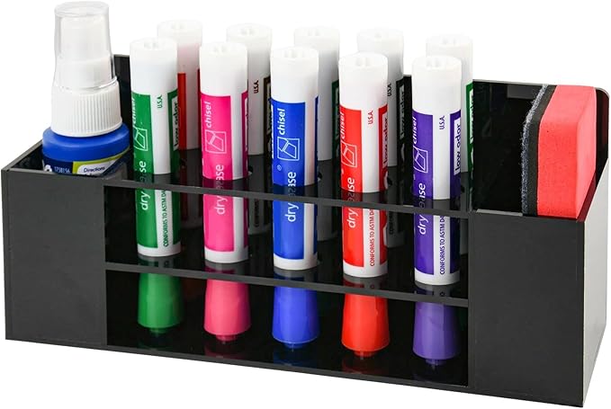 Acrylic Magnetic Dry Erase Marker Holder, 10 Slots Black Magnetic Marker Pen Holder, Magnet Storage for Whiteboard, Desk Locker Organizer Accessories, Office, Classroom, Home