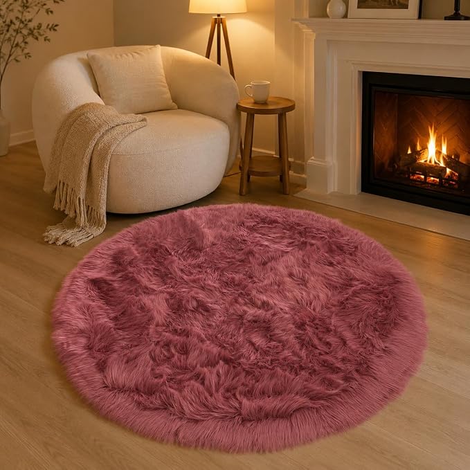 EasyJoy Faux Sheepskin Rug, Fluffy Faux Fur Rug, Ultra Soft Shag Area Rug with Non-Slip Backing for Bedroom, Living Room, Nursery, Kids Room(4 x 4 ft Round, BlushPink)