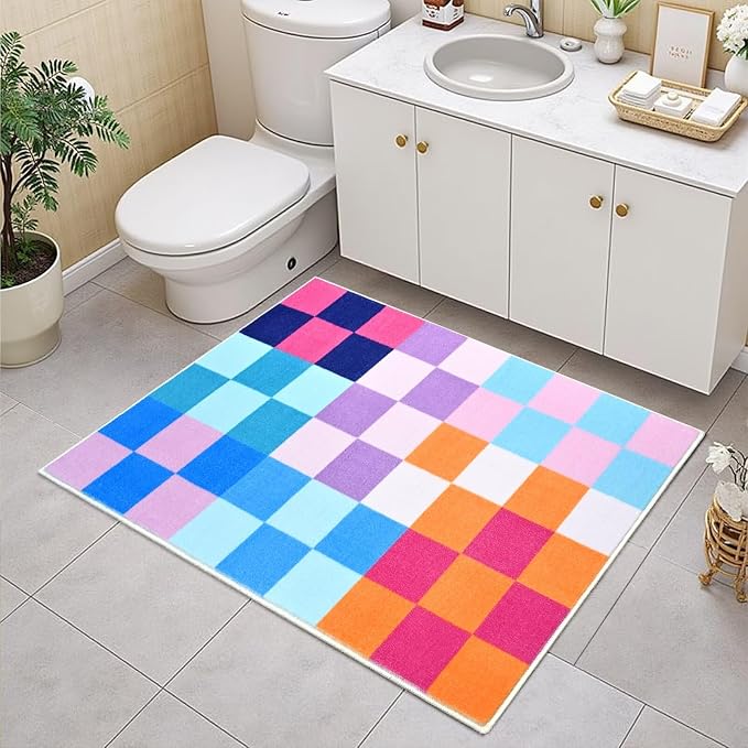 Terrug Multicolored Checkered Rug for Entryway,2x3 Small Area Rugs Washable with Non Slip for Kitchen,Soft Low Pile Retro Carpet for Bedroom Front Door Porch