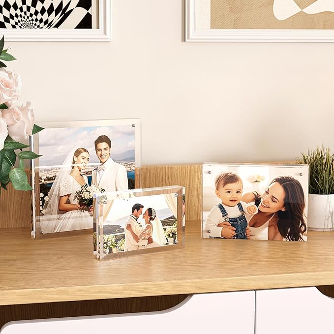 Egofine 5x5 Acrylic Frames 2 Pack, 20mm Thicker Frameless Clear Picture Frames, Double Sided Magnetic Picture Frames, Free Standing Desktop Display