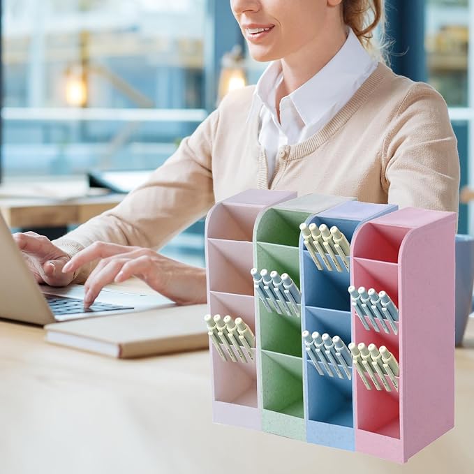 4-Grid Vertical Desk Organizer, Plastic Pen Holder | Pencils & Markers & Pens | Multifunctional Stationery Caddy | School Home Office(Pink)