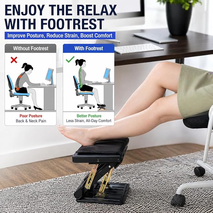 Under Desk Footrest, 4-Level Height Adjustable 12Modes Foldable Footrest | Soft Removable Cushion Adds Comfort,Ergonomic Support,Massage Beads,for Office,Gaming & Home Desks,Max-Load 120Lbs,Brown