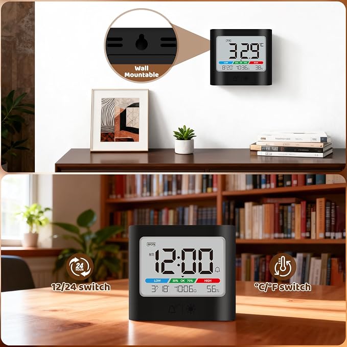 ALANAS Small Battery Operated Alarm Clock, Date Temperature Humidity Diaplay, Compact Travel Digital Clocks, Snooze, Backlight, Wall Mountable, for Student Dorm, Small Spaces, Desk, Shelf