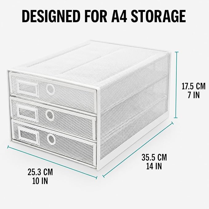 Exerz Paper Sorter 3 Drawer Wire Mesh A4 / Desk Multifunctional Desk Organiser/Multi-Layer Letter Tray - for Documents, Magazines, Notebooks and Letter (White) | Desk Organiser Pull Out Trays Keep Files Letters Magazines Folders Notebooks Neatly Separa...