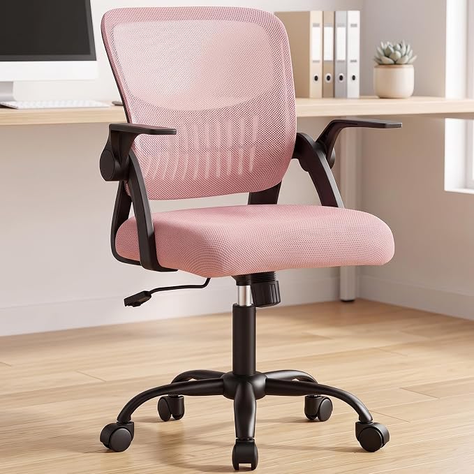 OLIXIS Ergonomic Office Desk Chair, Executive Mid-Back Computer Chair with Comfortable Lumbar Support & Rocking Mode, Height Adjustable with Flip-up Armrest, 360° Swivel, for Adults, Pink