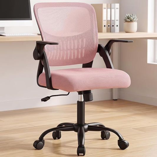 OLIXIS Ergonomic Office Desk Chair, Executive Mid-Back Computer Chair with Comfortable Lumbar Support & Rocking Mode, Height Adjustable with Flip-up Armrest, 360° Swivel, for Adults, Pink