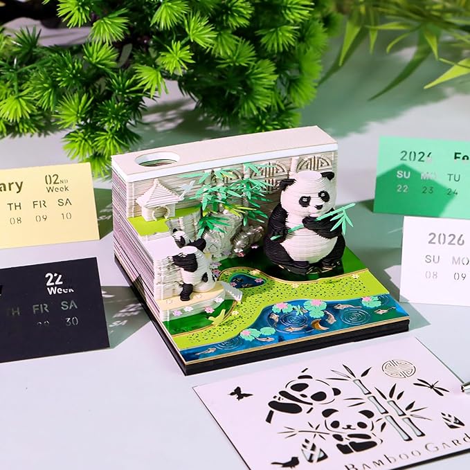 3D Art Calendar Memo Pad 2026, Tear Away 3D Paper Carving Time Piece Calendar Notepad Creative DIY Note,Bamboo Garden Panda