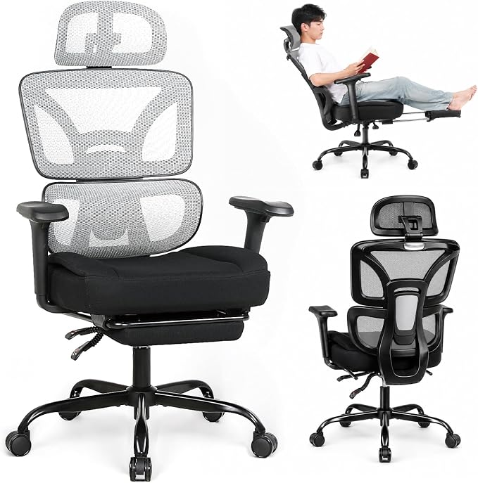 Ergonomic Office Chair with Footrest - High Back Mesh Computer Desk Chair | with Back Support, 135° Reclining, 4D Armrest & Headrest, 400lbs Thickened Seat Cushion, for Home Office, Work & Gaming