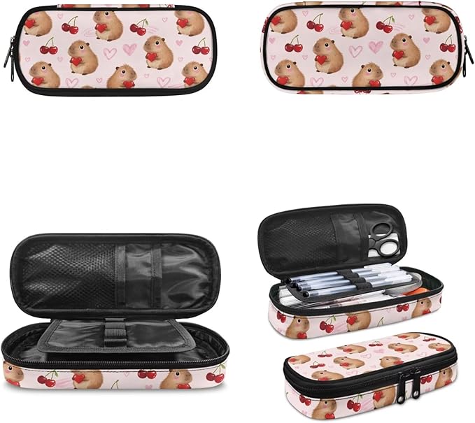 Capybara Cherry Backpack for Teen Girls Primary School Bookbags 3 Piece Set Back to School Supplies Kids Schoolbags with Lunch Bag and Pencil Box