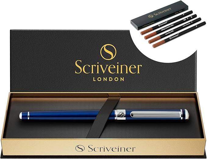 Scriveiner Midnight Blue Rollerball Pen - Stunning Blue Lacquer Luxury Pen, Chrome Finish bundle with Rollerball Refill Black Fine - 4 Rollerball Refills in one box