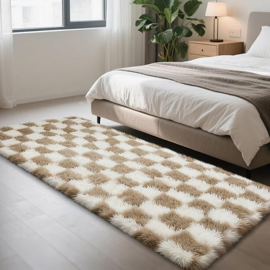 Checkered Rug for Bedroom, 2x6 Beige and White Area Rugs, Classic Checkered Carpets Shag Area Rug, Bedside Rugs for Living Room Bedroom Room Home Decor