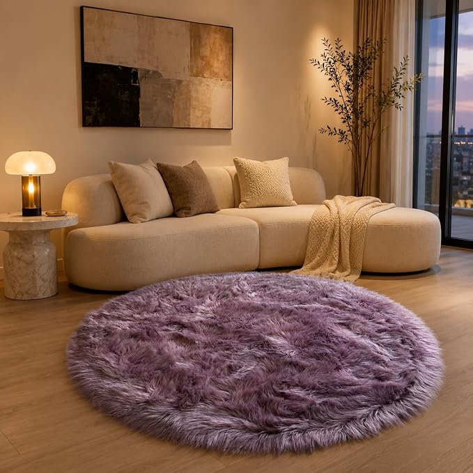 EasyJoy Faux Sheepskin Rug, Fluffy Faux Fur Rug, Ultra Soft Shag Area Rug with Non-Slip Backing for Bedroom, Living Room, Nursery, Kids Room(4 x 4 ft Round, Light Purple)