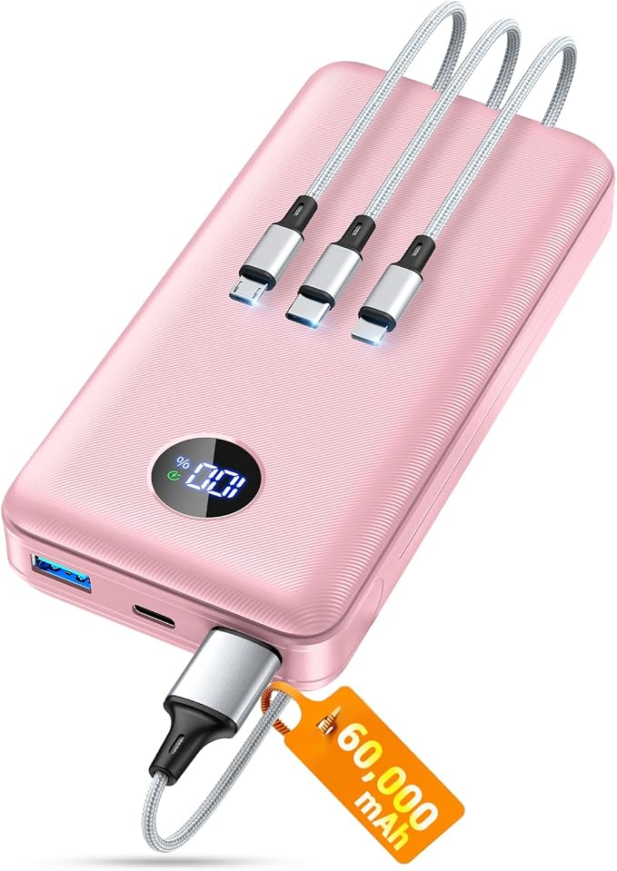 Portable Charger Power Bank, 60000mAh Battery Pack with 3 in 1 USB-C/iOS/Micro-USB Cable, 22.5W Fast Charging Portable Phone Charger, Travel Camping Essential Powerbank for iPhone 17/16 Samsung,Rose