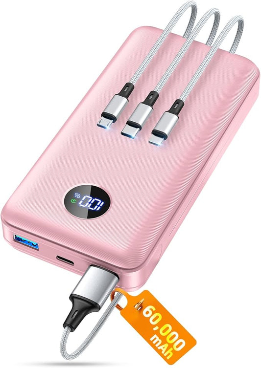 Portable Charger Power Bank, 60000mAh Battery Pack with 3 in 1 USB-C/iOS/Micro-USB Cable, 22.5W Fast Charging Portable Phone Charger, Travel Camping Essential Powerbank for iPhone 17/16 Samsung,Rose
