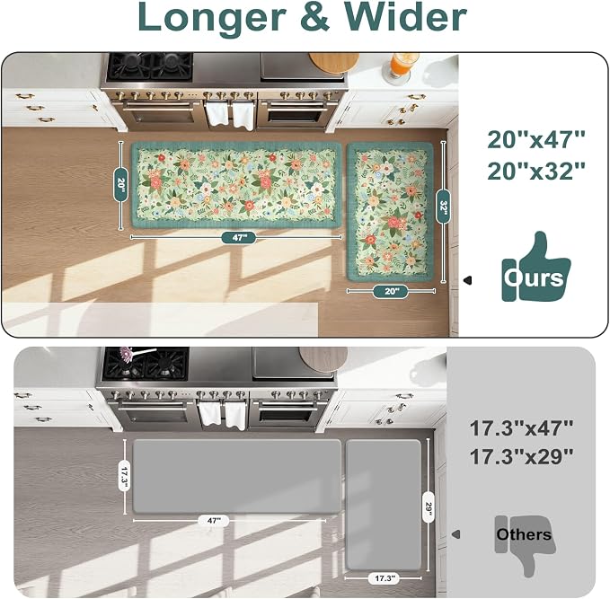KIMODE Kitchen Mats for Floor Cushioned Anti Fatigue, Green Boho Flower Rug | 20"x47"+20"x32" Rugs for Kitchen Floor,Floral Kitchen Rugs Sets of 2,Comfort Kitchen Floor Mats,Standing Desk Mat for Sink