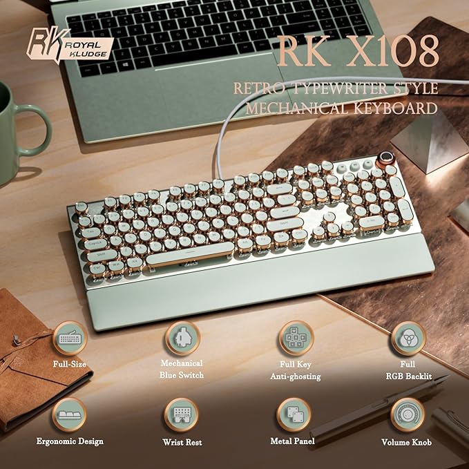 RK ROYAL KLUDGE X108 Typewriter Style Mechanical Keyboard, Wired Gaming Keyboard 108 Keys RGB Backlit Sidelight, Detachable Wrist Rest, Volume Knob, Retro Round Keycaps Blue Switches - Green