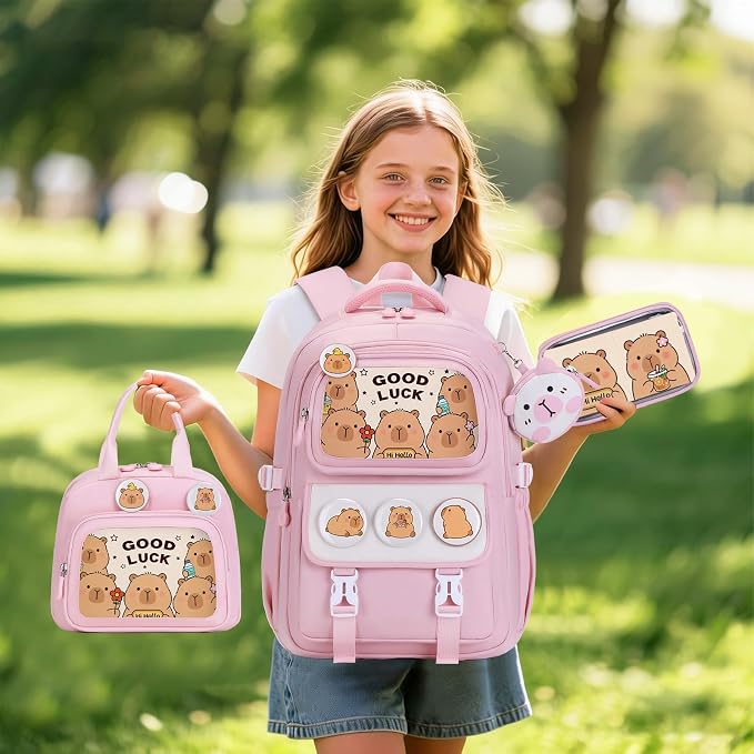 Capybara Backpack for School Girls, 30PCS Capybara Gifts School Supplies Stationery Set with Lunch Box Pencil Case Pens Pencils Notebook Cartoon for Kindergarten Elementary Student(Pink)