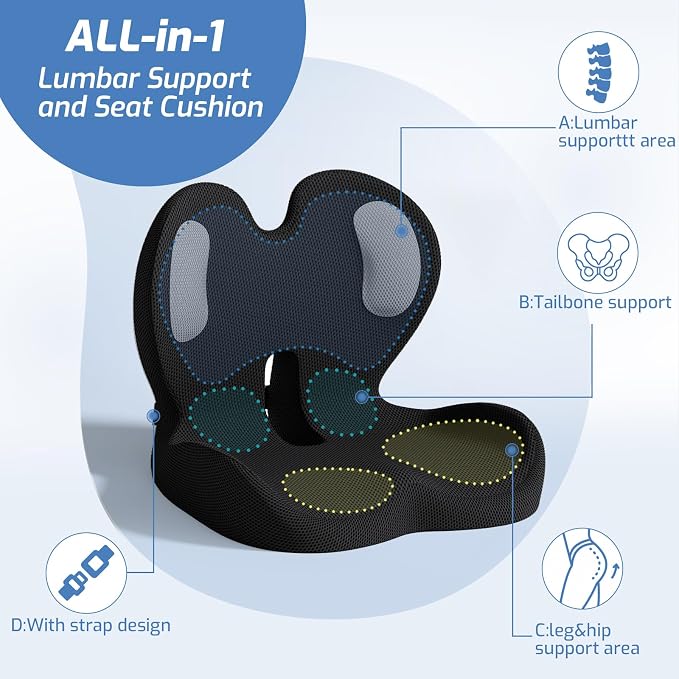 Seat Cushion,Memory Foam Chair Cushion for Office and Car,Ergonomic Coccyx Seat Cushion for Tailbone,Sciatic Nerve,Lower Back Pressure Relief,Lumbar Support Pilow for Office,Car,Truck,Desk Chair