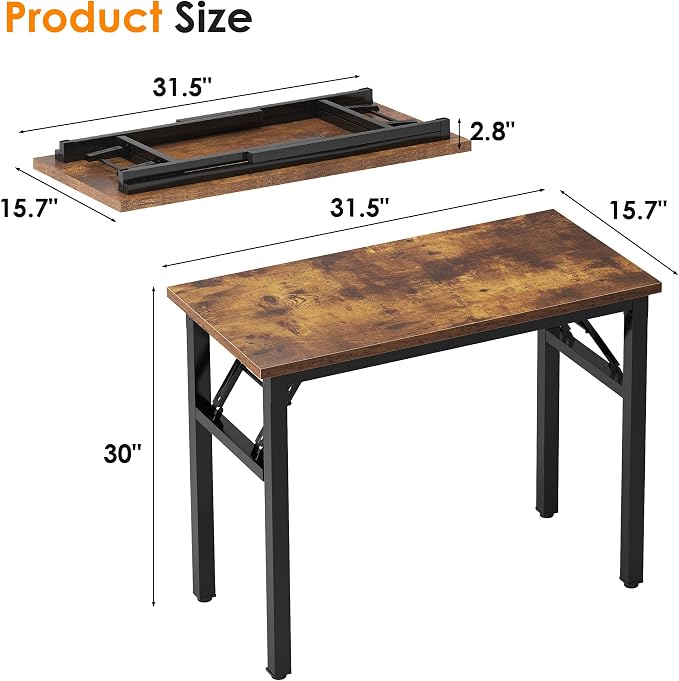 SogesHome No Assembly Folding Computer Desk, 31.5 Inch Small Compact Desk for Home Office, Modern Writing Table with Adjustable Leg Pads, Gaming Desk for Living Room and Small Spaces, Rustic Brown