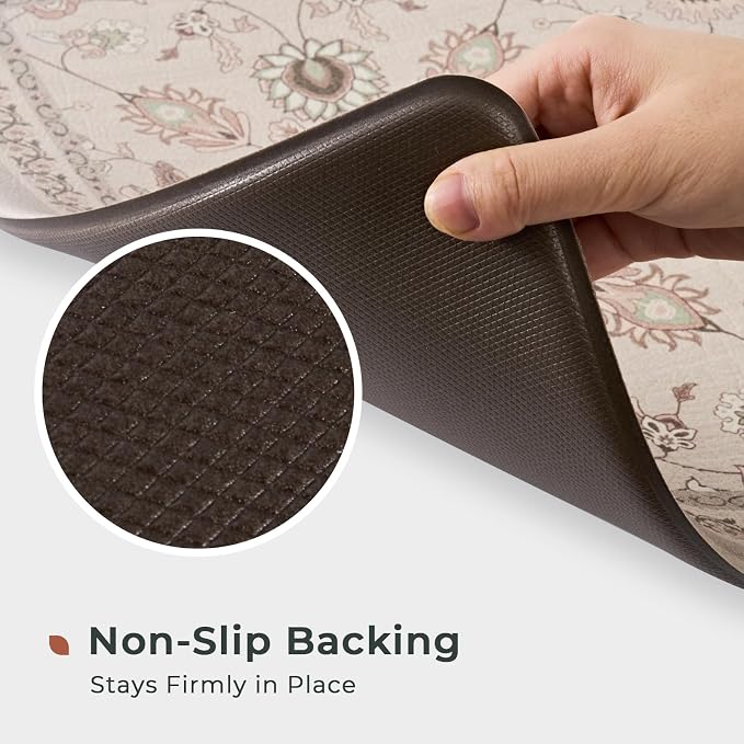 FRESHMINT Vintage Floral Kitchen Mat 2 Pack, 17x30''+17x47'', Natural Beige | Anti-Fatigue, Non Slip, Comfort, Kitchen Decor, Easy to Clean, Waterproof, Perfect for Kitchen, Laundry, Office