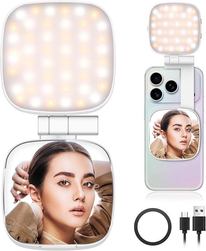 Magnetic Selfie Light for MagSafe iPhone Phone with Magnet Ring,Rechargeable CRI 97+ 700lx/0.3m Folding LED Phone Fill Ring Lighting with Mirror for Makeup Webcam Laptop Photo Makeup (White)