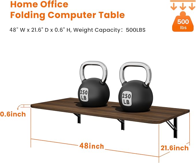 IAE Wall Mounted Floating Foldable Desk, 48" x 22" Folding Computer Workstation Table with Engineered Wood and Metal Shelf Brackets,Fold&Floating Design for Home Office, Apartment,Laundry Room,Walnut