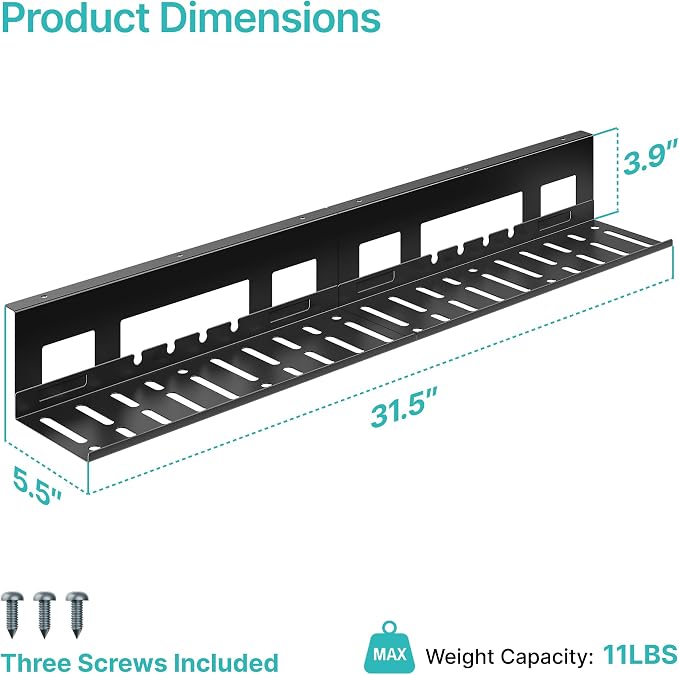 Under Desk Cable Management Tray, 31.5'' Screw-Mount Steel Rack | Metal Cord Organizer for Power Strips, Chargers, Reversible Installation, Effortless Wire Management for Home Office, Black