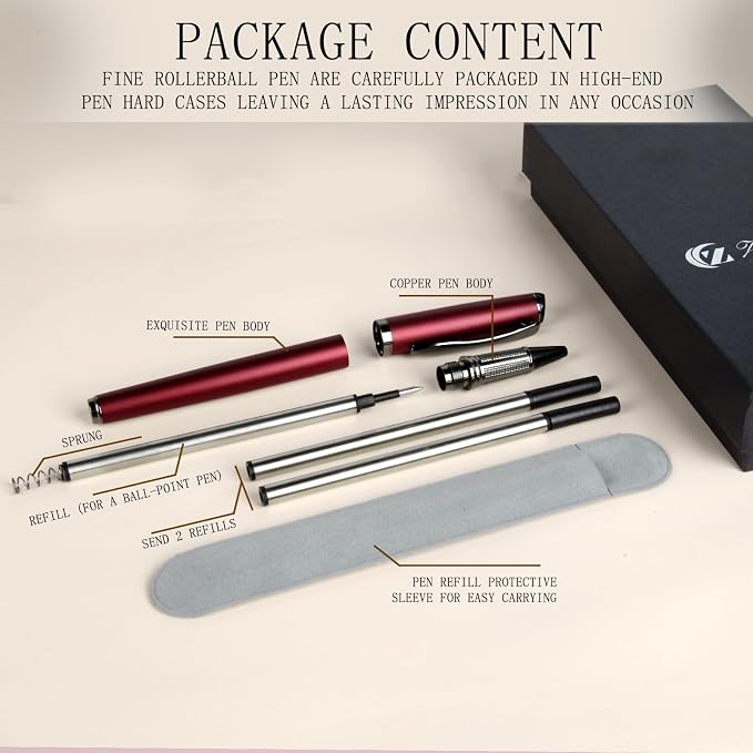 Liquid Ink Rollerball Pen,Luxury Nice Metal pen Smooth writing stylish design effortless writing,fancy pens with gift case for Men & Women with 2 Refills-pear red