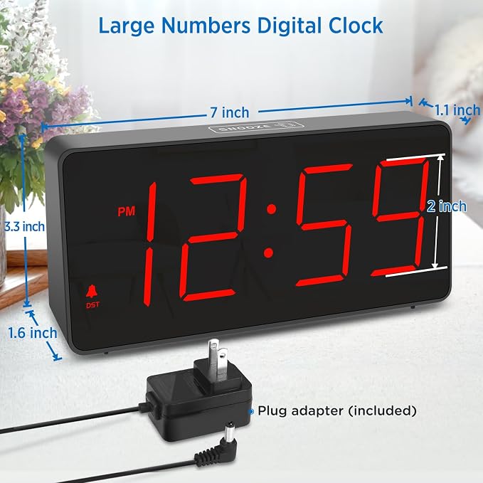 Peakeep Digital Alarm Clock for Bedrooms Bedside, Loud for Heavy Sleepers | Large Big LED Numbers Dimmable for Seniors, Battery Backup Plug in Electric Clock with USB Charger(Red)