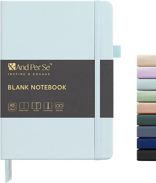 &And Per Se Blank Sketch Notebook, A5 Hardcover, 160 Pages 100gsm Thick Paper, Unlined Journal for Drawing, Doodling, Hand Lettering – Creative Gift for Artists, Designers, Writers (Cyan)