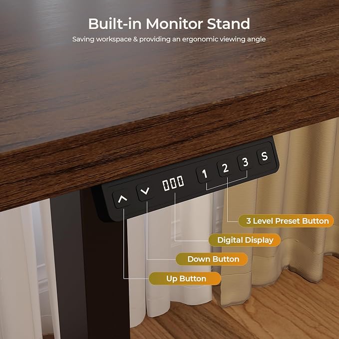 63 x 24 Inches Electric Standing Up Desk with Monitor Shelves,Height Adjustable Computer Desk from 28-46''with Memory Controller,Modern Home Office Desk for Work,Study,Walnut