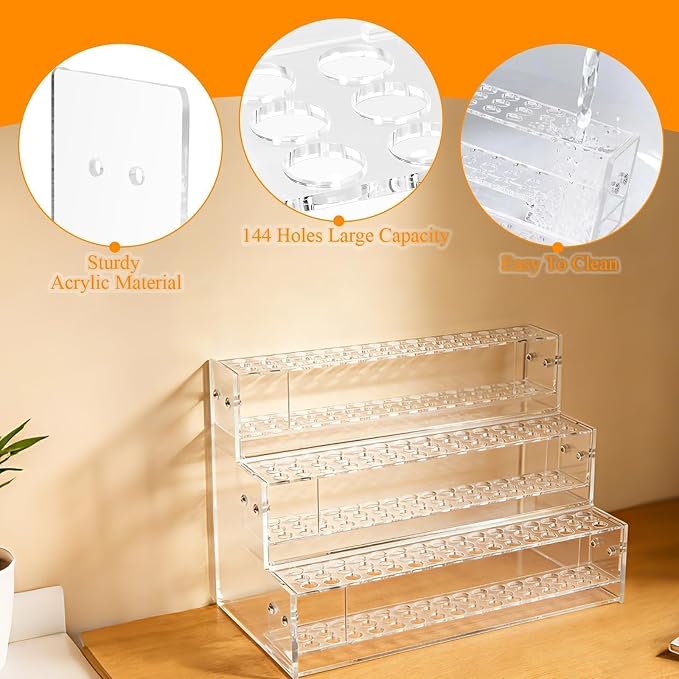 144-Slots Pen Holder for Craft Shows,3-Tier Acrylic Pen Display Stand Holders for Vendors,12mm Beadable Pens Display Beaded Pens Organizer Paint Brush Storage Makeup Brush Rack for School Essentials