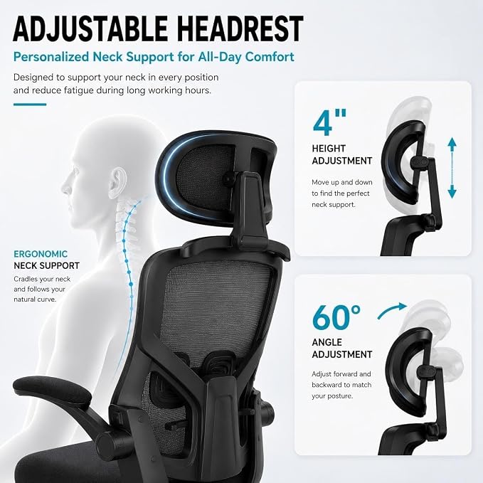 Ergonomic Office Chair, High Back Mesh Computer Chair with Molded Foam Cushion, Adjustable Headrest, Lumbar Support, Tilt Lock and Coat Hanger for Home Office