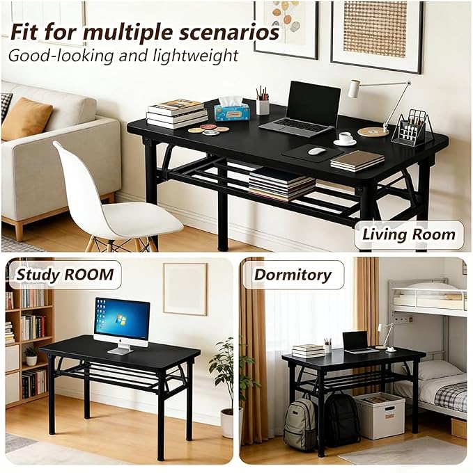 Folding Desk for Small Spaces, 31.5 Inch Foldable Computer Desk, No Assembly Required, Space Saving Portable Study Table for Compact Home Office, Bedroom, Dorm, Apartment, Black