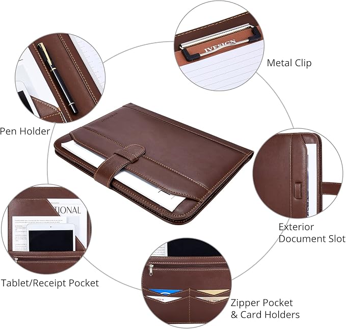 Leather Portfolio Notebook with Folder, Storage Clipboard with Cover for Legal Pad Holder Letter Size A4 Writing Pad for Business School Office Resume Conference Notepad Clip Boards (Brown)