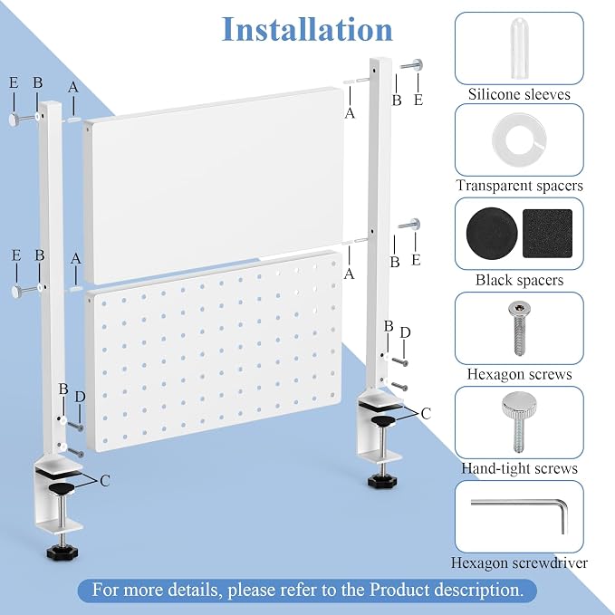 Jumyee 2-Tier Side/Top Clamp On Desk Shelf With Magnetic Pegaboard(White) | Adjustable Desk Pegboard Tray & Magnetic Accessories, No-Drill Clamp On Desk Organizer Pegboard with 6 Hooks