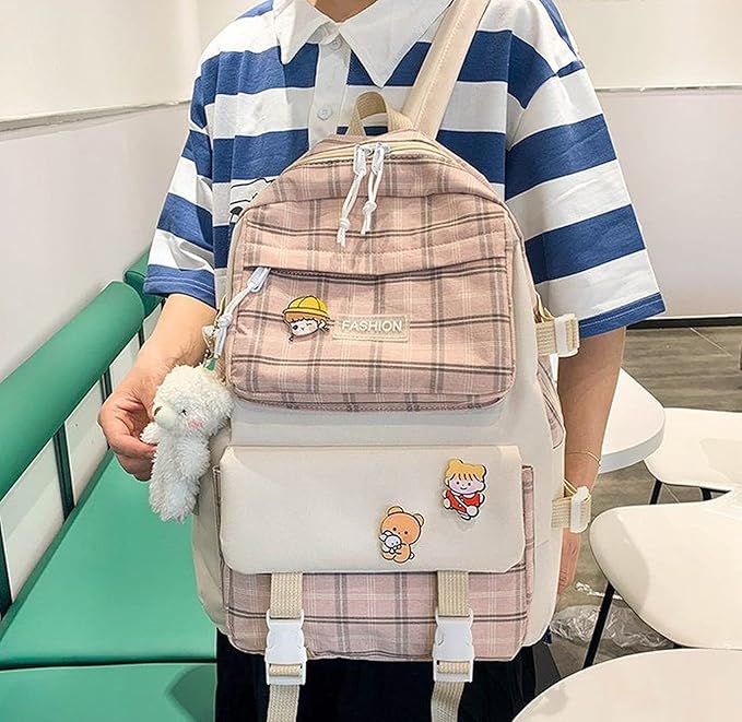 Aobiono 5Pcs Kawaii Plaid Backpack Set Aesthetic Preppy Cute Check with Pins Bear Pendant Light Academia School Supplies Kit