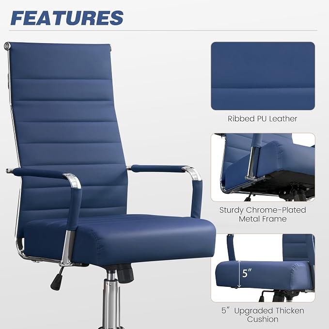 JOMEED Office Desk Chair,Conference Room Chair,High Back PU Leather Swivel | Modern Executive Ribbed Design, Ergonomic, Height Adjustable, Wheels and Arms, for Home Office(Blue-Silver Frame)