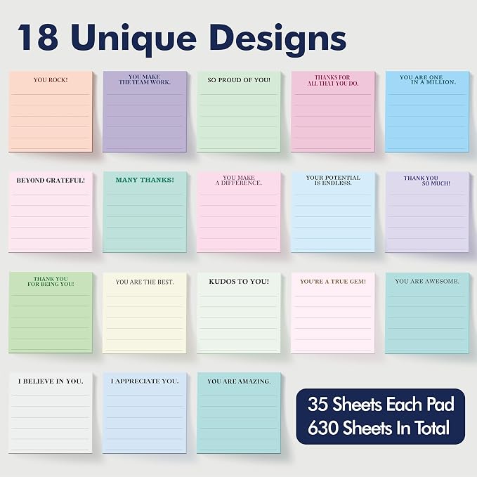 18 PCS Inspirational Sticky Notes with Lines, Adhesive Note Pads Motivational Fun Notepads, Employee Appreciation Gifts Bulk for Teacher, Nurse, Coworkers, Office, Work & Study Supplies (3” x 3“)