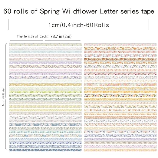 icceemee 60 Rolls Flowers Theme Washi Tape Set with Different Colorful Patterns, Writable Decorative Tapes for Scrapbooking, Junk Journal Supplies, Bullet Journaling, 0.39'' x 79'' per Roll