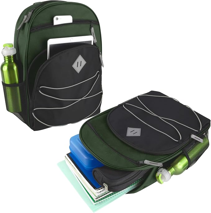 Trail maker Kids Backpacks with School Supplies for Boys, Girls | 30 Piece Back to School Supplies Set with 17" Bungee Backpack (Green & Black)